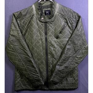 Marqt Mens Motorcyle Moto Faux Leather Poly Jacket Large Style MQL03-A Green Zip